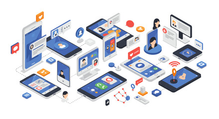 Poster - Isometric social media and communication vector illustration for digital design projects