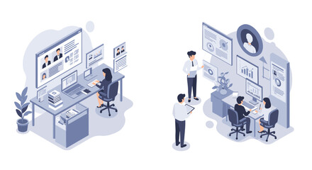 Poster - Isometric business meeting vector illustration for remote work and collaboration concept