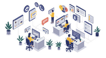 Poster - Isometric business communication vector illustration for office design and digital collaboration