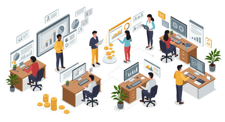 Poster - Isometric vector illustration of a busy office environment with people analyzing data for business strategy and productivity