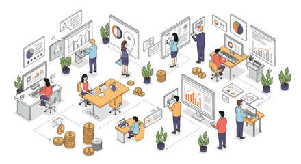 Poster - Isometric office workflow and finance analysis vector illustration for business strategy design