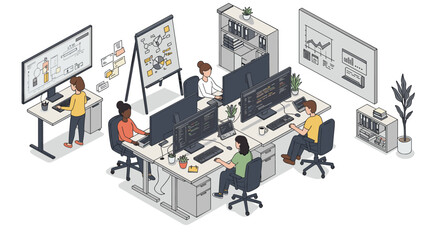 Poster - Modern office workspace with diverse team of developers in isometric style vector illustration