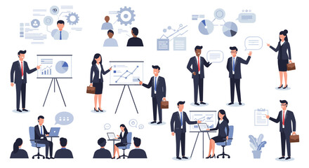 Poster - Business presentation and office collaboration vector illustration in flat style for corporate design