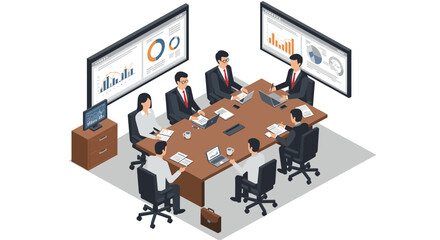 Poster - Isometric vector illustration of a business meeting with professionals analyzing data in a modern office setting