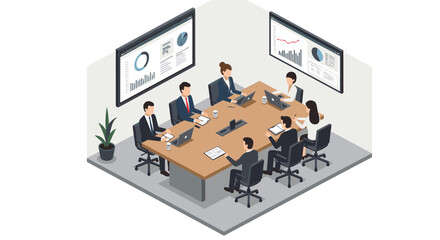 Poster - Business meeting in office conference room vector illustration for corporate design and project presentation in isometric style