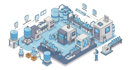 Poster - Isometric vector illustration of water bottling plant with automated machinery for industrial manufacturing design