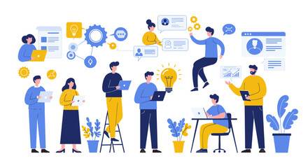 Poster - Teamwork and collaboration in modern office - flat vector illustration for design projects