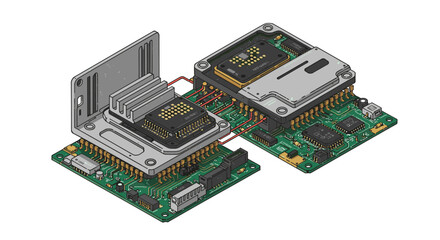 Poster - Isometric vector illustration of computer circuit boards for tech design