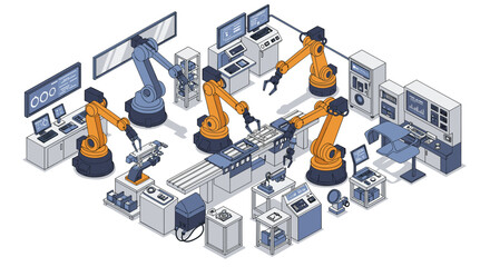 Poster - Isometric vector illustration of advanced robotics and automation in a modern industrial factory setting