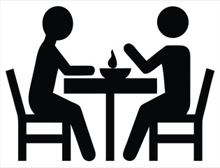 Poster - Two silhouetted people sit at a table eating from a bowl, a representation of dining together or a meal shared between two individuals. Ideal for use in hospitality branding, restaurant signage