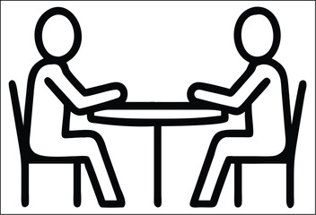 Poster - Two stick figures sitting at a table facing each other, representing a meeting conversation or collaboration. Ideal for use in hospitality branding, restaurant signage, dining reservation apps