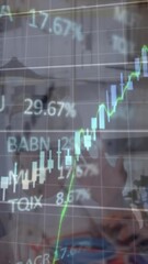 Poster - Animation of graphs and trading board over diverse man using laptop, coworkers using vr headsets