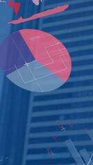 Poster - Animation of multicolored infographic interface over low angle view of buildings against clear sky