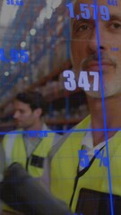 Poster - Animation of data processing over caucasian male worker with scanning device smiling at warehouse