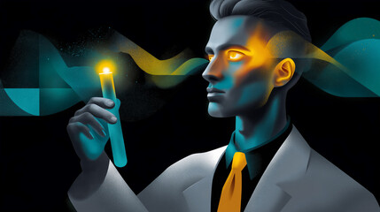 Poster - Scientist holding glowing test tube, focused expression on face. Sleek modern lab environment with abstract light patterns and dark background. Concept of research, innovation, science
