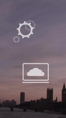 Poster - Animation of multiple icons over giant wheel against modern city in background