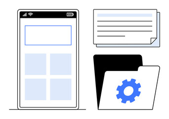 Poster - Mobile screen with a grid layout, folder icon with gear symbol, and documents. Ideal for technology, productivity, organization, digital filing, data management settings teamwork concepts. Simple