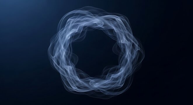 Abstract circular shape formed by swirling, ethereal, light blue smoke or vapor against a dark blue background.