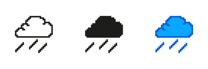 Fototapete - Rain Cloud Pixelated Icon Set. Pixel Art Symbol of Rainy Weather. Precipitation and Wet Weather Icon. Isolated Vector Illustration