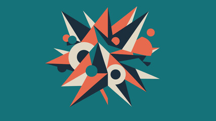 Poster - Abstract geometric design with triangles circles and polygons on a teal colored background art