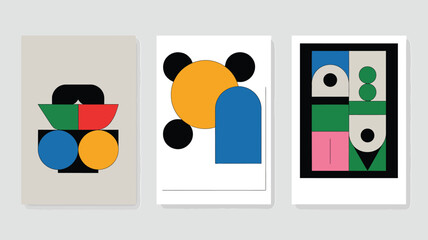 Poster - Three framed geometric abstract art prints displayed side by side with various shapes and colors used