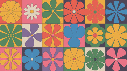Poster - A colorful grid of stylized flower illustrations with a retro psychedelic seventies vibe design style