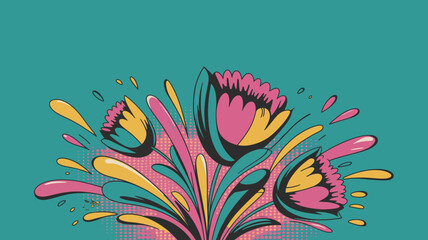 Poster - A vibrant floral arrangement with pink and yellow flowers on a turquoise background illustration style