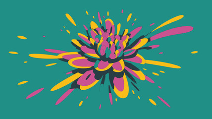Poster - An abstract floral design with pink yellow and dark green petals on a teal background art illustration