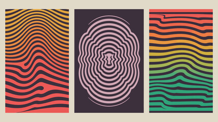 Poster - Three abstract art panels featuring wavy lines and concentric circles in a retro style design