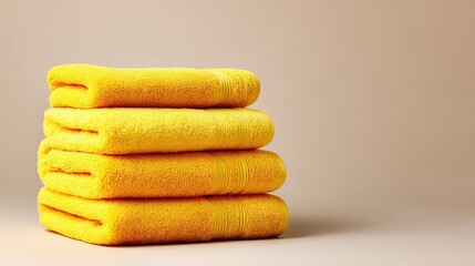 Poster - A Stack of Vibrant Yellow Towels on a Soft Beige Background Creating a Bright and Cheerful Atmosphere for Home Decor and Bathroom Styling Ideas