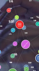 Poster - Animation of network of connections with icons over african american businessman using computer