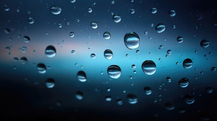 Poster - Close-Up View of Water Droplets on a Glass Surface with a Soft Blue Background, Capturing Tranquility and Reflections in Nature's Elegance