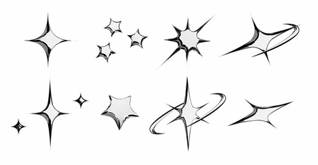 Poster - Chrome star emoticon set with metallic silver sparkles, swoosh trail, cluster formation, curved motion line and sharp pointed bursts for y2k aesthetic design, retro digital art or shiny interface.
