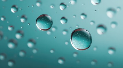 Poster - Macro Image of Water Droplets on a Smooth Surface with Pale Blue Background, Capturing Reflections and Texture in a Vibrant and Crisp Style