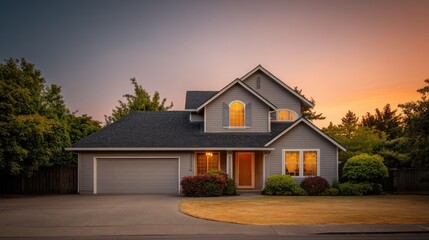 Poster - Charming two-story house with modern architecture showcasing beautiful landscaping and a warm sunset glow, perfect for residential property or real estate themes.