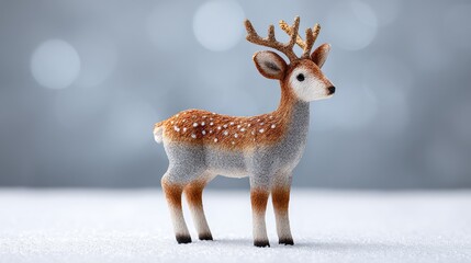Poster - Cute fawn figurine with delicate spots standing on a snowy surface against a gentle bokeh background, perfect for seasonal decorations or wildlife themes.