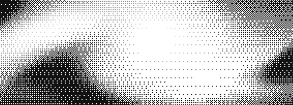 Pixel art gradient background for retro game design - black to white halftone transition with dotted pattern. Classic 8 bit style texture for vintage gaming interface or digital artwork projects.