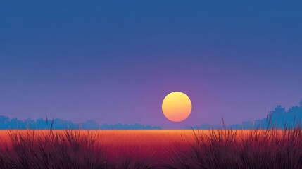 Poster - Tranquil Sunset Over Golden Meadow with Silhouetted Grass, Vibrant Colors in the Sky, Serene Landscape Perfect for Nature Lovers and Meditative Moments