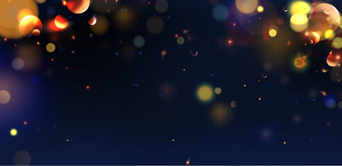 Poster - Festive bokeh lights on dark blue background - gold yellow orbs floating with bright sparkles. Blurred glowing circles and shimmering dots for celebration wallpaper or holiday party backdrop design.