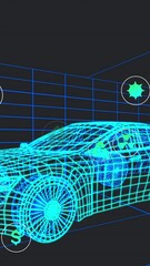 Poster - Animation of multiple digital icons floating over 3d car model moving in seamless pattern in tunnel