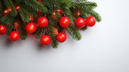 Poster - Festive Green Pine Branch with Bright Red Ornaments and Twinkling Lights Perfect for Holiday Decoration and Seasonal Celebrations in a Minimalist Setting