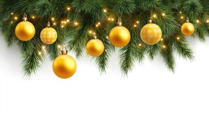 Poster - Festive Christmas Background with Golden Ornaments and Pine Branches, Perfect for Holiday Greetings, Invitations, and Celebration Themes in a Bright and Cheerful Atmosphere