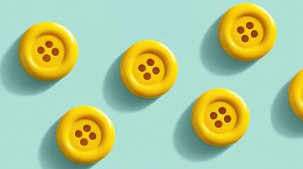 Fototapete - Vibrant Yellow Buttons Arranged on Soft Turquoise Background, Ideal for Craft Supplies, Textiles, Fashion Design, and Creative Projects