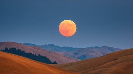 Poster - Majestic Full Moon Rising Over Serene Hills at Dusk with Vibrant Orange Glow, Illuminating the Landscape and Creating a Dreamy Atmosphere Through Soft Lighting
