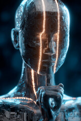 Aufkleber - Futuristic humanoid robot with illuminated circuit patterns on its face, symbolizing advanced AI technology and cybersecurity. robot thoughtful pose suggests contemplation