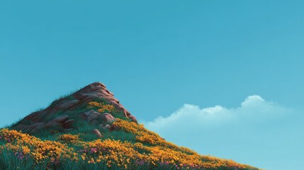 Poster - Vibrant Rocky Hill Surrounded by Bright Yellow Wildflowers Under a Clear Blue Sky with Soft Clouds for Nature and Landscape Inspiration