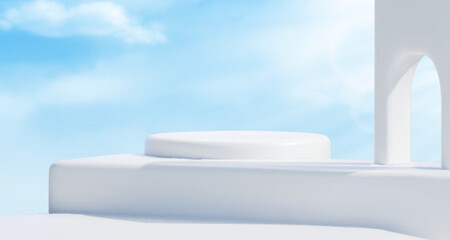 Poster - Sky background with minimalist podium arrangement - white archway portal and circular platform step, bright blue gradient with clouds, architectural elements for product display presentations.