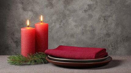 Poster - Cozy Table Setup with Red Candles, a Warm Cloth, and Pine Elements for Inviting Atmosphere in Home Decor or Festive Gatherings