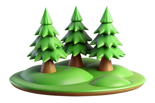 Stylized 3d rendering of three green pine trees on a small island isolated on transparent background