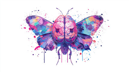 Poster - Vibrant butterfly with brain like patterns on its wings, set against white background, symbolizes creativity and transformation. colorful splashes add dynamic and artistic flair